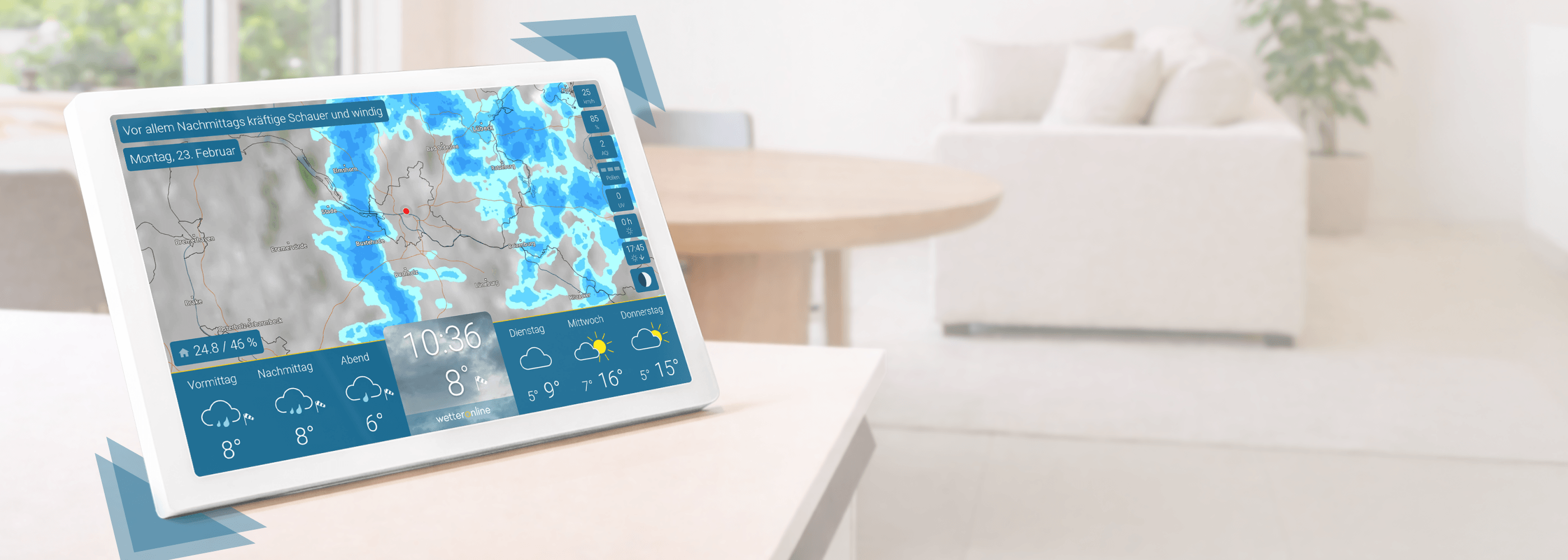wetteronline home 4 mit hochauflösendem Display zeigt detaillierte Wettervorhersage im Vergleich