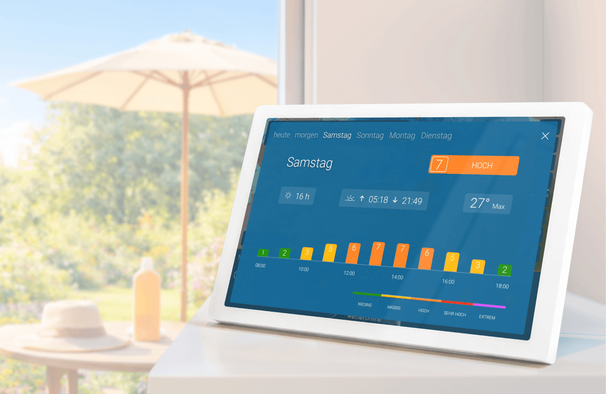 wetteronline home 4 zeigt UV Index und Tagesverlauf mit Sonnenstunden und Temperaturanzeige